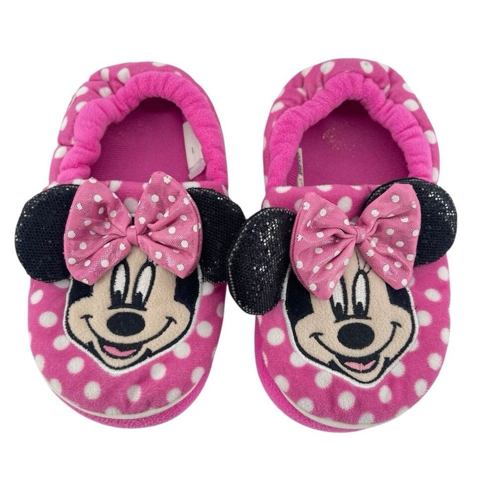 Disney Minnie Mouse Girls Pink Polka Dot Sequin Plush Slippers XL 11/12